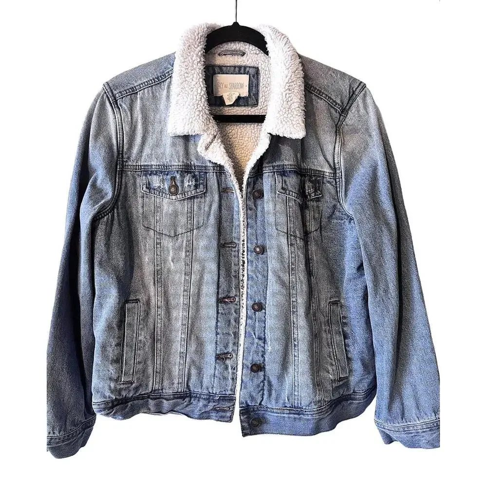 Sky and Sparrow Blue Denim Trucker Jacket with White Sherpa Lining XL - Picture 1 of 6